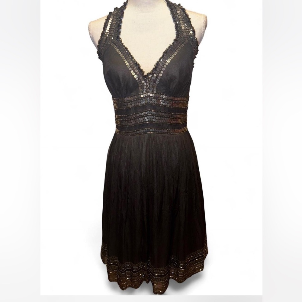 Papéll Boutique Evening Black Silk Beaded Sequin Halter Dress Size 8